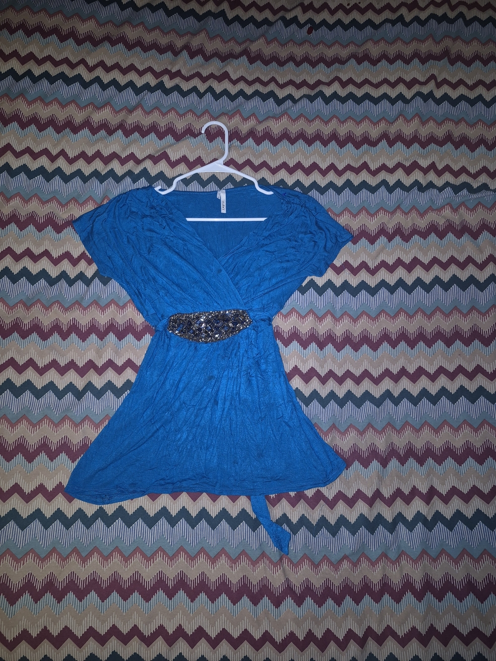 Bright Blue Cap Sleeve Top with Beaded Embellished Waist